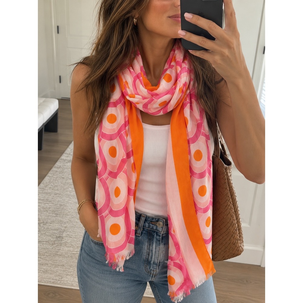 Kate Spade Pink Orange Geometric Silk Blend Oblong Scarf Fringed 27x80